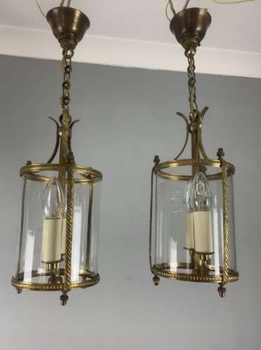 Pair Of Small Twin Light Convex Brass Lanterns, Rewired