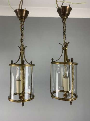 Pair Of Small Twin Light Convex Brass Lanterns, Rewired