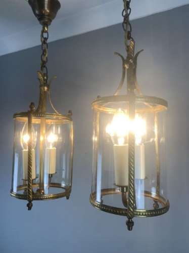 Pair Of Small Twin Light Convex Brass Lanterns, Rewired