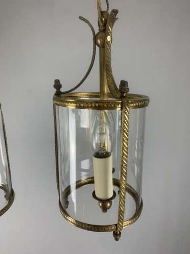 Pair Of Small Twin Light Convex Brass Lanterns, Rewired