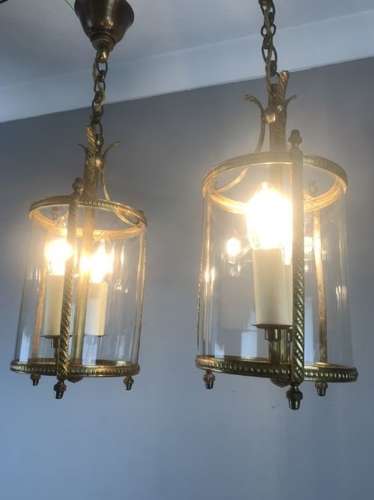 Pair Of Small Twin Light Convex Brass Lanterns, Rewired