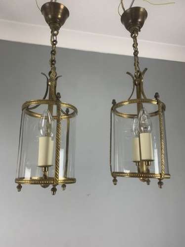 Pair Of Small Twin Light Convex Brass Lanterns, Rewired