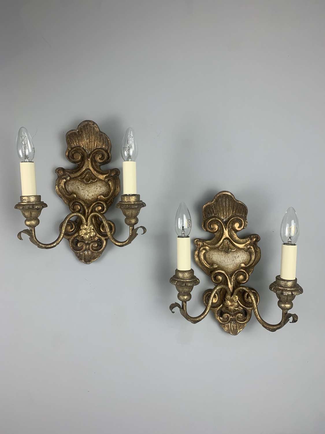 French Pair Of Giltwood Antique Wall Lights, Rewired