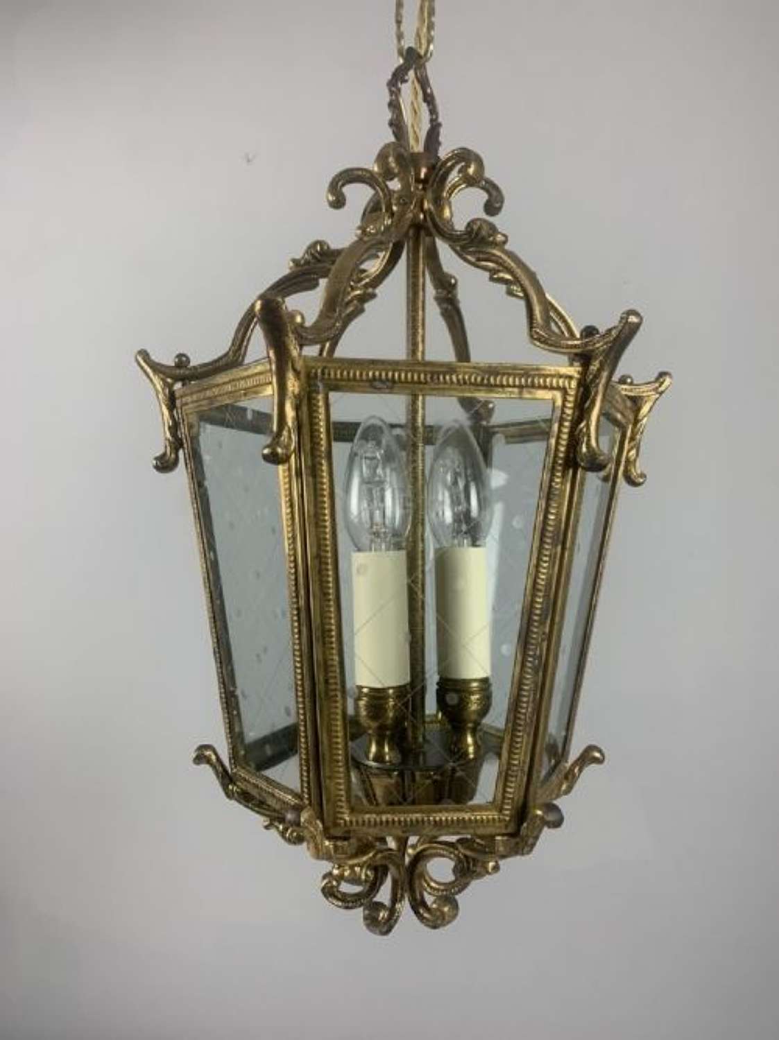 French Hexagonal Glazed Brass Lantern, Rewired