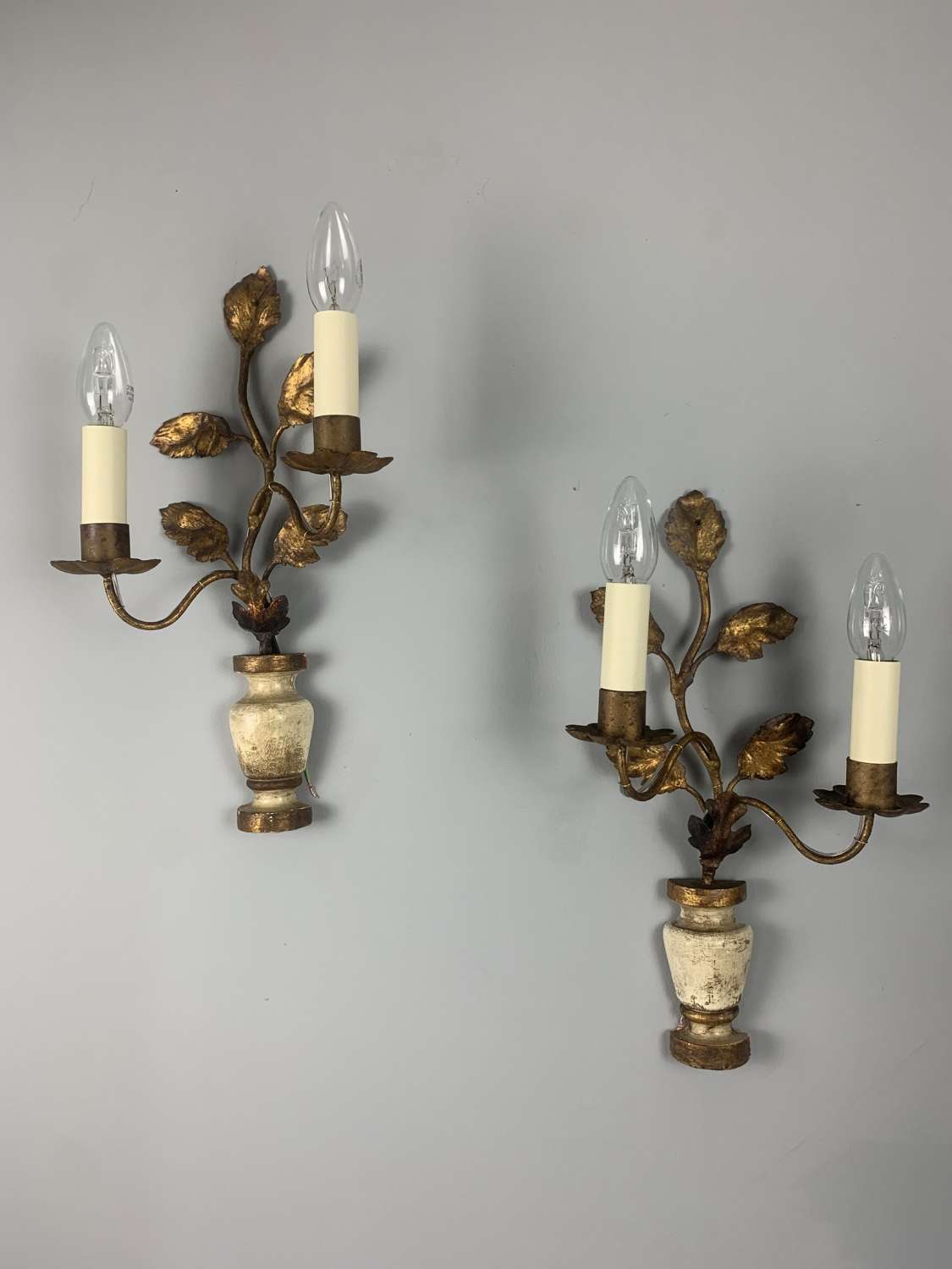 Pair Of French Gilt Decorative Toleware Antique Wall Lights, Rewired