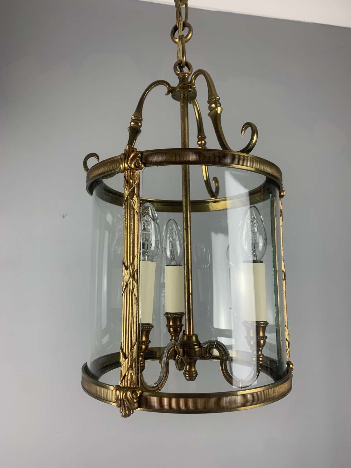 Quality French Triple Light Brass Lantern, Rewired
