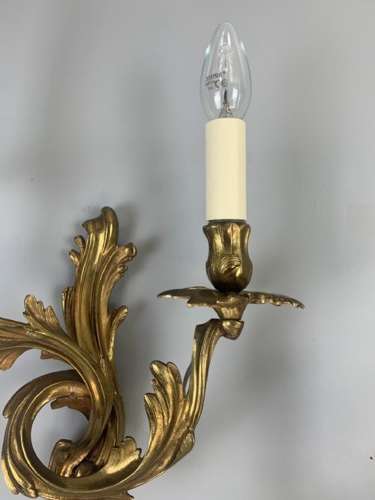 Pair Of French Gilt Brass Antique Wall Lights, Rewired