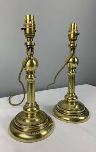 Pair Of German WW! Antique Brass Gimbal Naval Ships Table Lamps