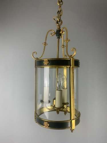 French Gilt Brass Green Enamel Triple Light Lantern, Rewired