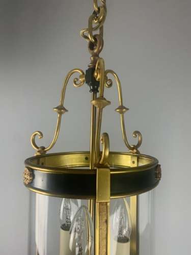 French Gilt Brass Green Enamel Triple Light Lantern, Rewired