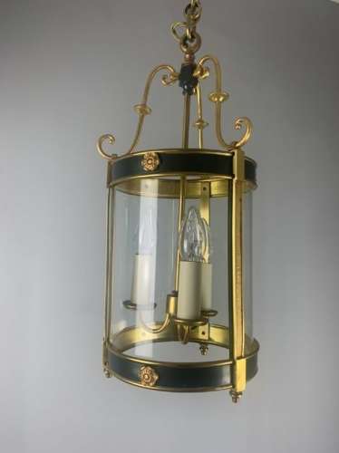 French Gilt Brass Green Enamel Triple Light Lantern, Rewired