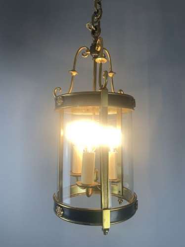French Gilt Brass Green Enamel Triple Light Lantern, Rewired