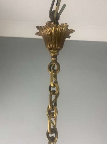French Gilt Brass Green Enamel Triple Light Lantern, Rewired
