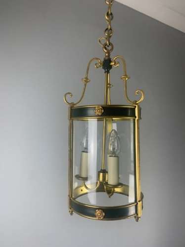 French Gilt Brass Green Enamel Triple Light Lantern, Rewired