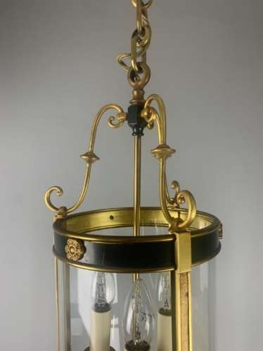 French Gilt Brass Green Enamel Triple Light Lantern, Rewired