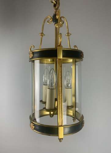 French Gilt Brass Green Enamel Triple Light Lantern, Rewired
