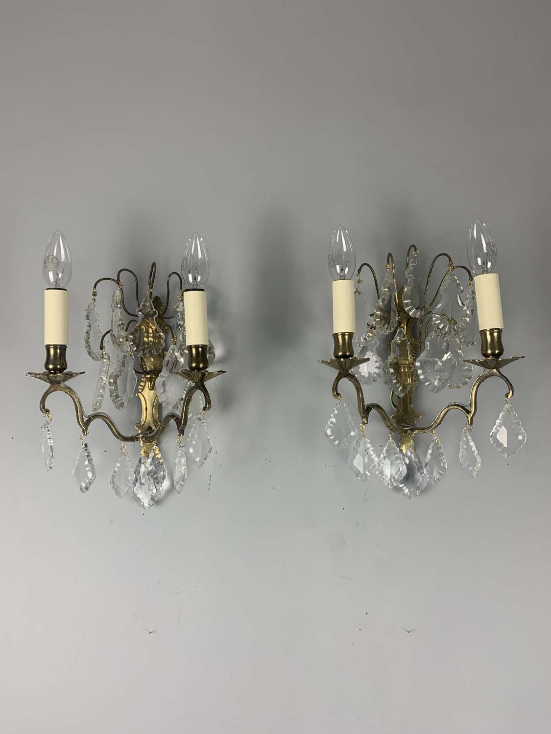 Pair Of French Brass Wall Lights With Glass Drops, Rewired