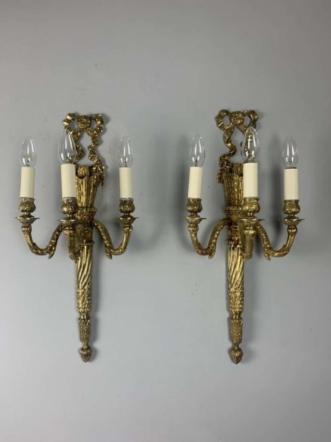 Large French Rams Head Brass Triple Light Antique Wall Lights