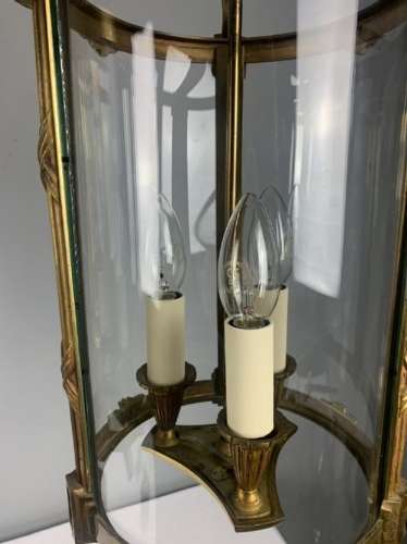 Large Pair Of French Gilt Brass Triple Light Lanterns, Rewired