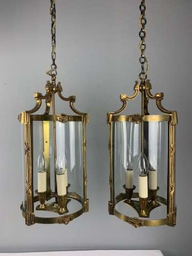 Large Pair Of French Gilt Brass Triple Light Lanterns, Rewired