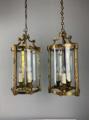 Large Pair Of French Gilt Brass Triple Light Lanterns, Rewired