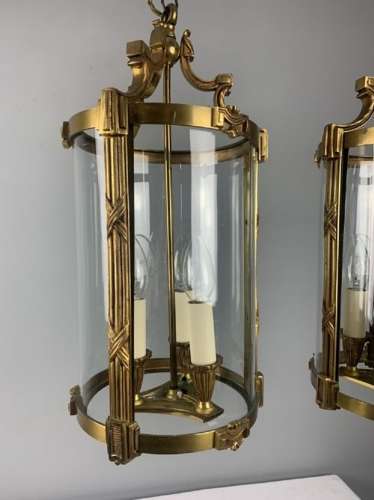 Large Pair Of French Gilt Brass Triple Light Lanterns, Rewired