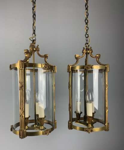 Large Pair Of French Gilt Brass Triple Light Lanterns, Rewired