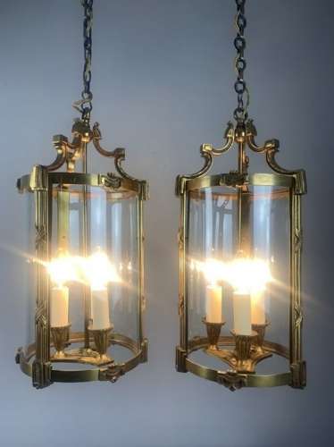 Large Pair Of French Gilt Brass Triple Light Lanterns, Rewired