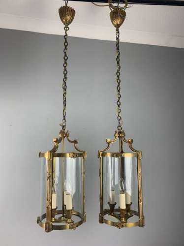 Large Pair Of French Gilt Brass Triple Light Lanterns, Rewired