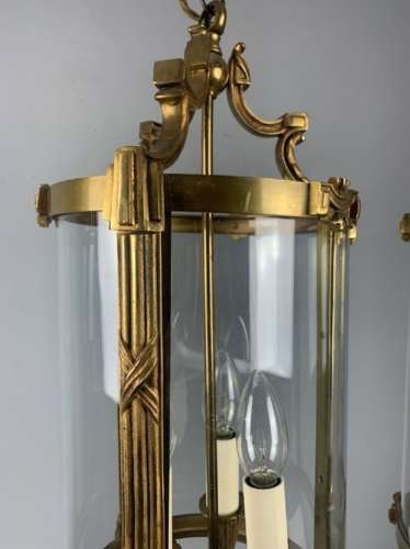 Large Pair Of French Gilt Brass Triple Light Lanterns, Rewired