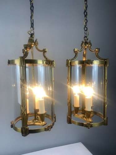 Large Pair Of French Gilt Brass Triple Light Lanterns, Rewired