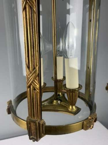 Large Pair Of French Gilt Brass Triple Light Lanterns, Rewired
