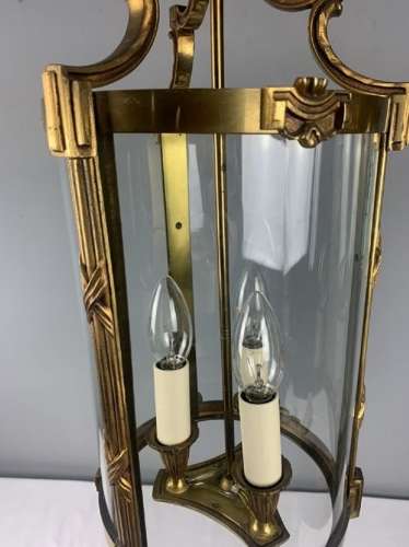 Large Pair Of French Gilt Brass Triple Light Lanterns, Rewired