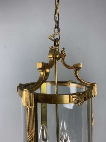 Large Pair Of French Gilt Brass Triple Light Lanterns, Rewired