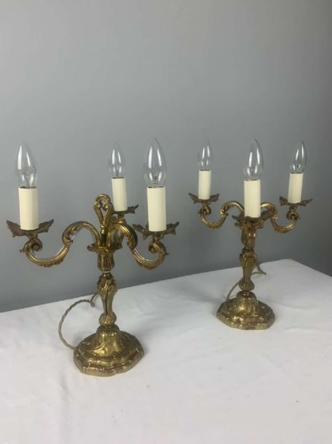 Pair Of French Gilt Brass Triple Light Candelabra Table Lamps, Rewired