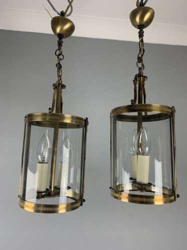 French Pair Of Small Twin Light Convex Brass Lanterns, Rewired