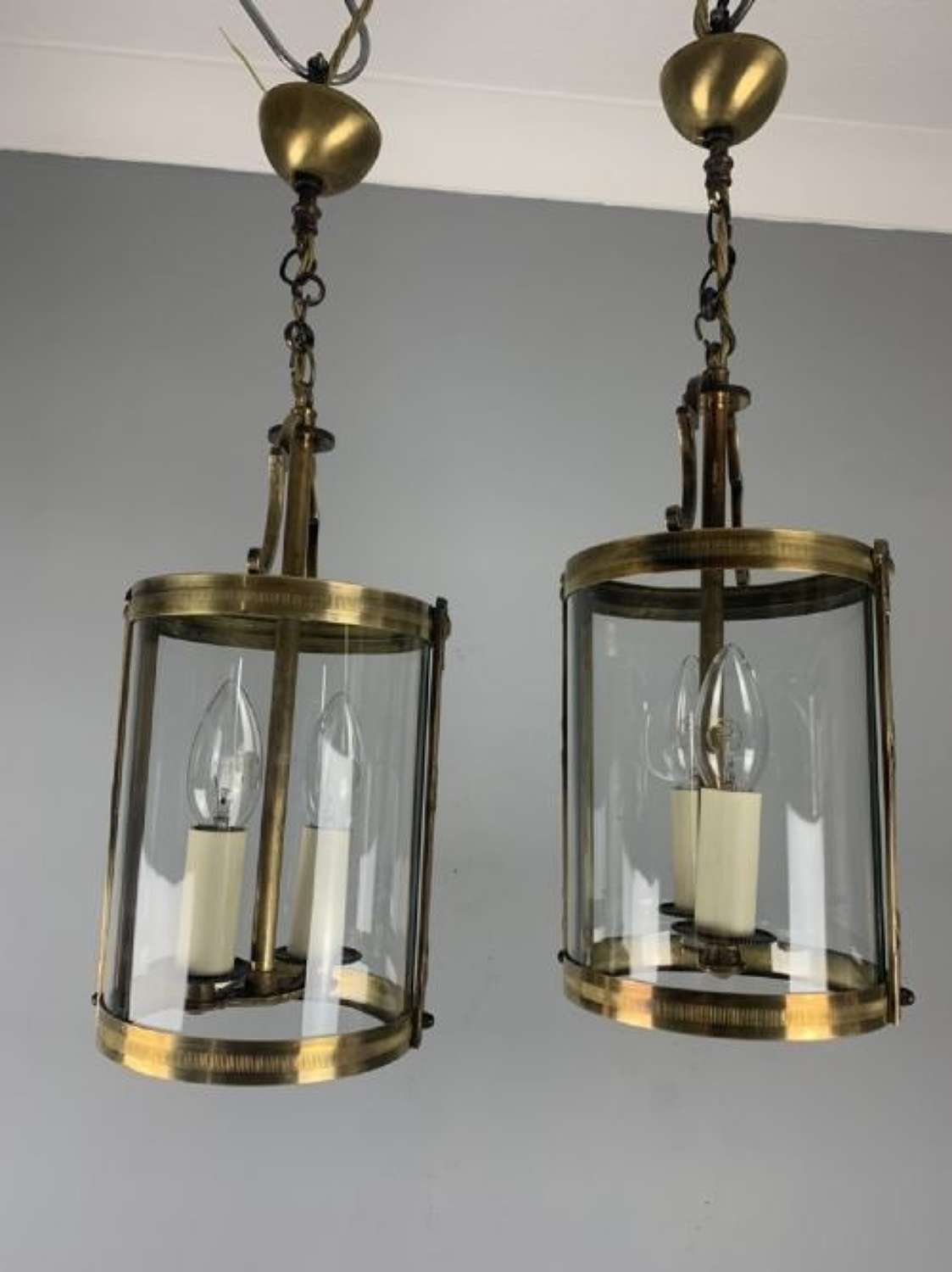 French Pair Of Small Twin Light Convex Brass Lanterns, Rewired