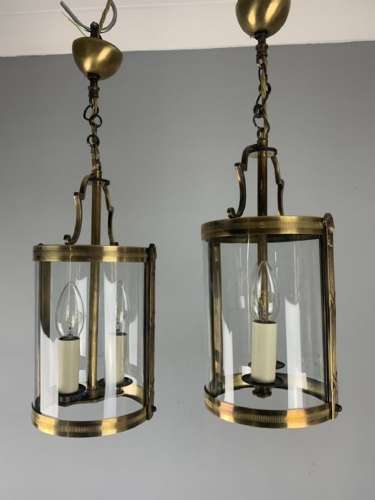 French Pair Of Small Twin Light Convex Brass Lanterns, Rewired