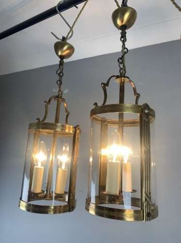 French Pair Of Small Twin Light Convex Brass Lanterns, Rewired