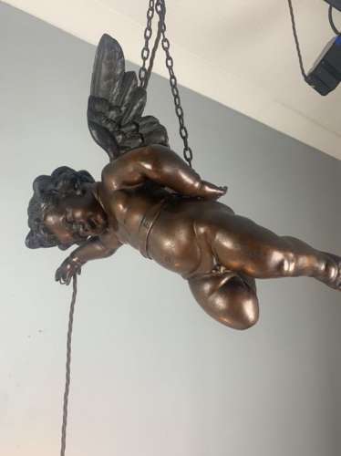 Large French Spelter Bronzed Cherub Ceiling Light, Original Shade, Rew
