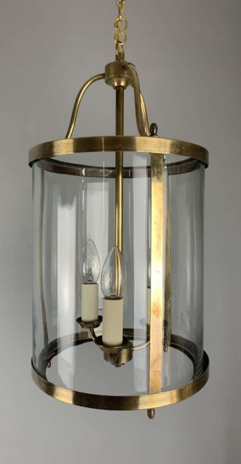 Large French Brass Simple Triple Light Lantern, Rewired