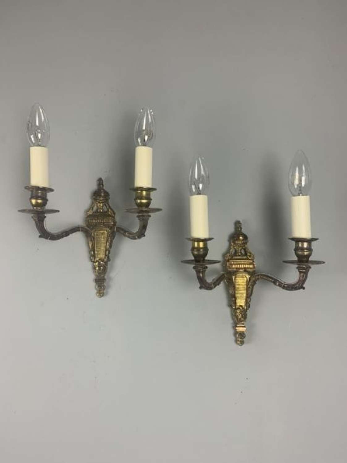 Small 19th Century Pair Of Aged Gilt Brass French Antique Wall Lights