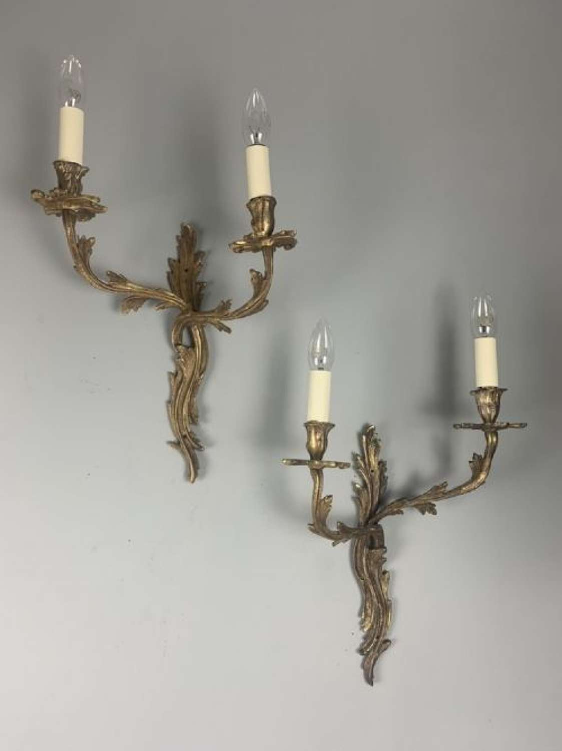 Large Pair Of French Rococo Aged Gilt Brass Antique Wall Lights