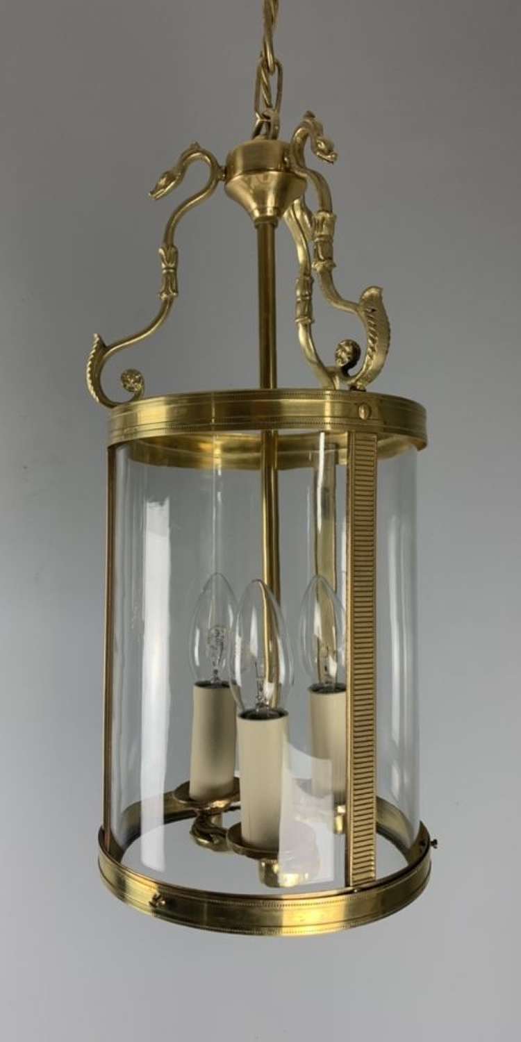 French Polished Brass Triple Light Antique Lantern with Serpents,