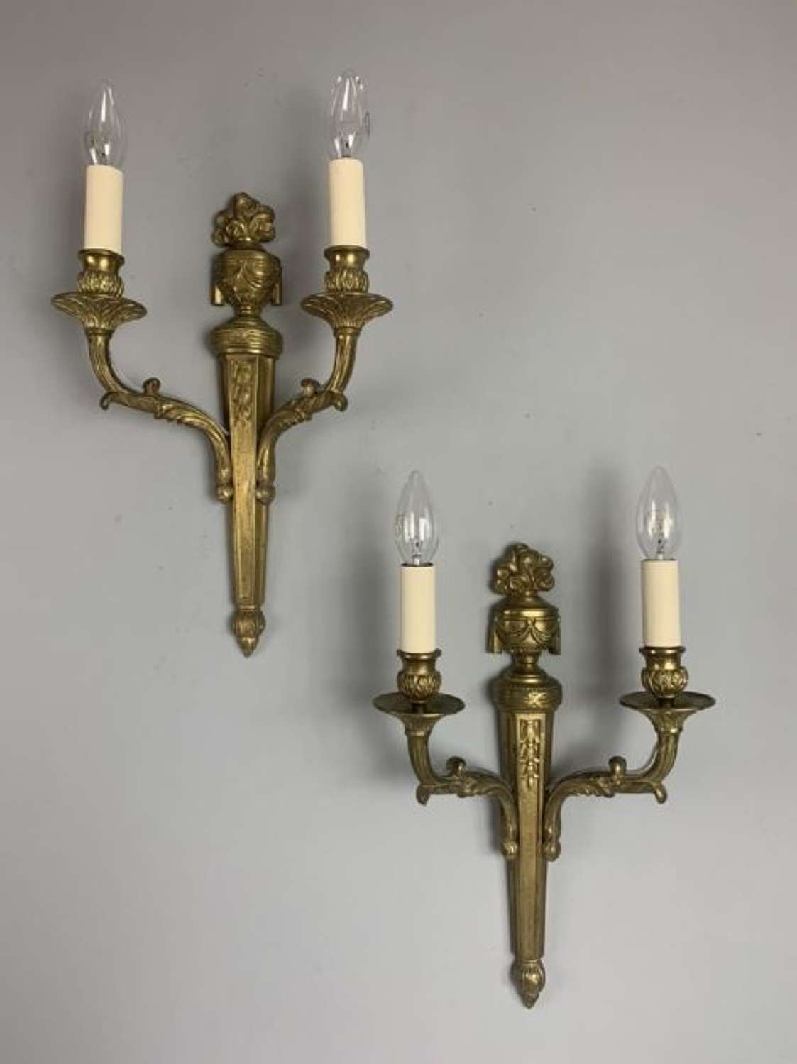 Pair Of French Classical Gilt Brass Antique Wall Lights, Rewired