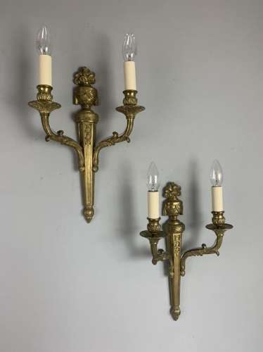 Pair Of French Classical Gilt Brass Antique Wall Lights, Rewired