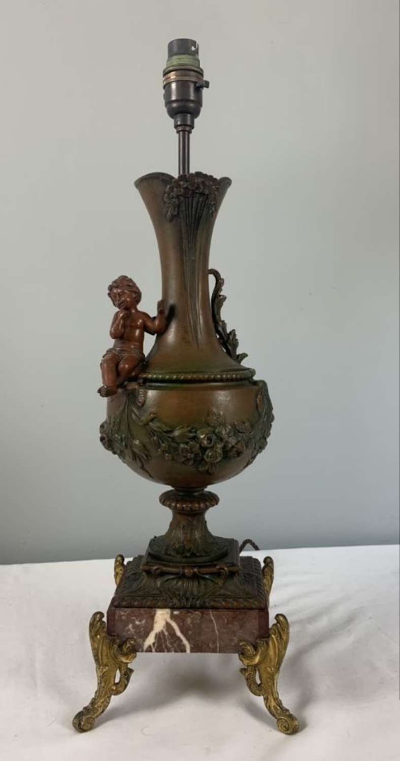 French Bronzed Spelter Cherub Table Lamp, C1900, Rewired And Pat Teste