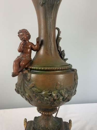 French Bronzed Spelter Cherub Table Lamp, C1900, Rewired And Pat Teste