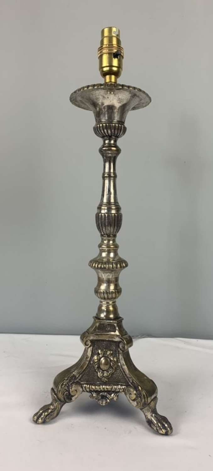 19th Century Distressed Silver Plated Brass Table Lamp, Rewired And Pa