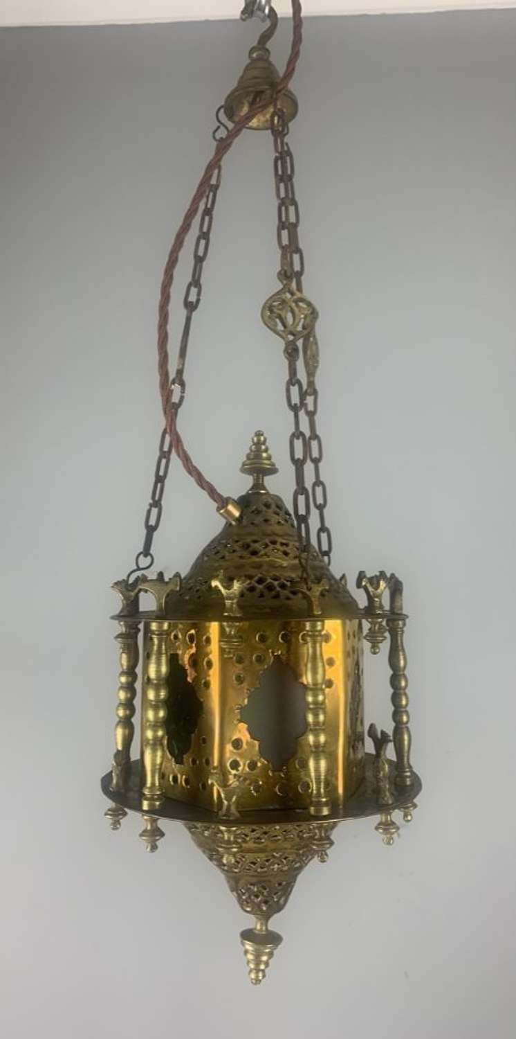 Moroccan Damascus Brass Early 20th Century Lantern, Rewired